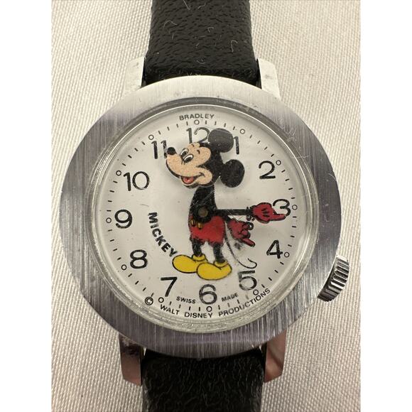Vintage Bradley Swiss Made Mickey Mouse Wind Up Watch Animated Nodding Pointing - Picture 2 of 6